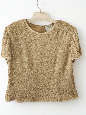 Adrianna Papell Taupe White Beaded Blouse Size 16
